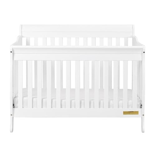 Image of Pemberly Row 4-in-1 Convertible Crib, 55 inch W x 34 inch D x 42 inch H, Solid New Zealand Pine Wood, White Finish, Includes Toddler Guardrail, Adjustable Mattress Support, Eco-Friendly Baby and Kids Room