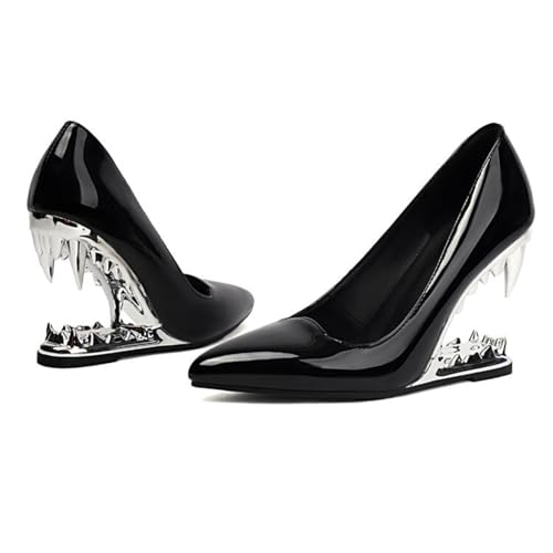 Women's Fashion Metallic Tiger Teeth High Heel Shoes Sexy Pointed Closed Toe Patent Leather Slip-On Shark Teeth Pumps - Main Image