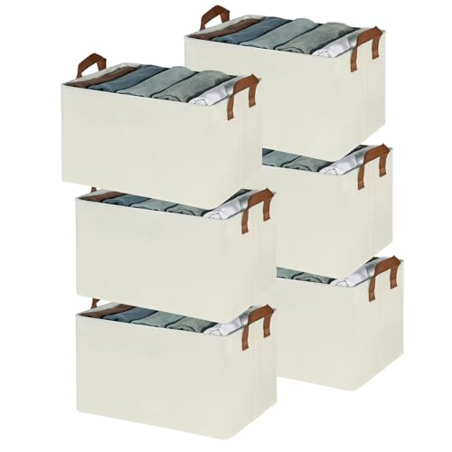 Image of DALUCI Foldable Cloth Organizer for Wardrobe - Fabric Storage Box with Metal Frame & Handles - Collapsible & Foldable Storage Box and Organiser for Clothes, Sarees, Towels - (Beige, Pack of 6)
