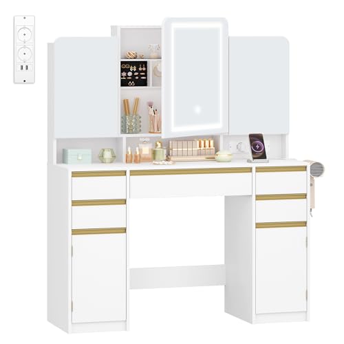 HEXCELEN Coiffeuse avec Miroir Triple, Luminosité Réglable, Coiffeuse avec Prise, Support pour Sèche-Cheveux, Table de Maquillage, Tiroir et Armoire, pour...