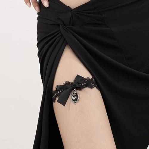 Wiwpar Sexy Black Lace Bow Leg Thigh Garter Belt Flower Floral Crystal Pendent Bowknot Elastic Stretch Leg Garter Belt Wedding Garter Bridal Halloween Costume Accessories for Women2