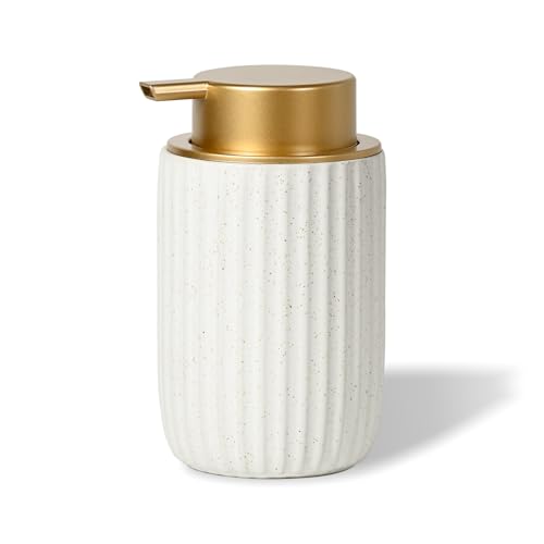 Speckled Matte White Ceramic Foam Soap Dispenser 12 oz Refillable Pump with Golden Top Elegant Foaming Dispenser for Bathroom or Kitchen Speckled White