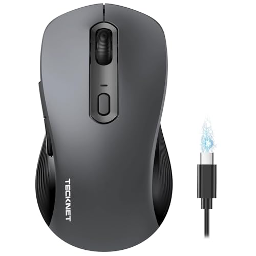 Image of TECKNET Rechargeable Bluetooth Mouse, [ USB + BT5.0 + BT3.0 ] Wireless Mouse, Ergonomic Design, Silent Click, 6-Level 4800 DPI Wireless Mice, 3-Device Switching for Laptop, Computer, MacBook（Grey）