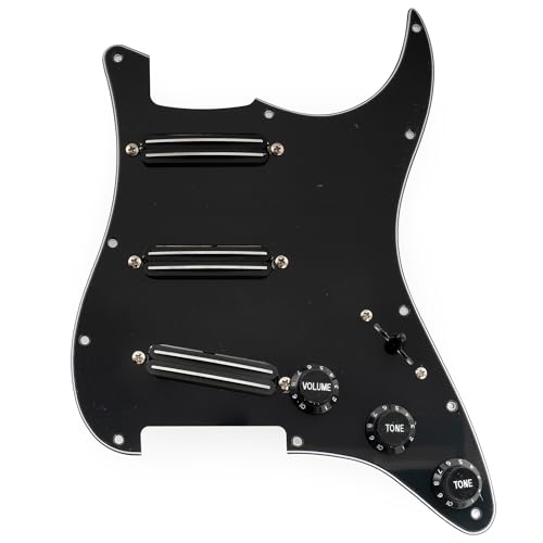 Musiclily Pro-SE ST-DPHC Pre-wired SSS Pickguard with Ceramic Mini Rail Humbucker for Strat Style Electric Guitar, 3Ply Black