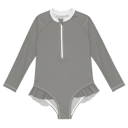 Plain Grey Baby Girl Bathing Suit Long Sleeve UPF 50+ One Piece Toddler Swimsuit Size 11-12Y