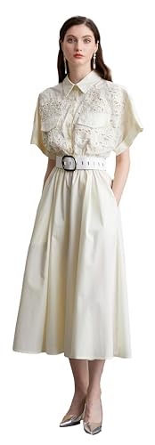 LAI MENG FIVE CATS Women's Elegant Lace Embroidery Collar Button Short Sleeves Midi Dress with Pockets