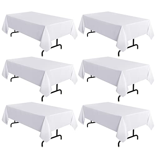 Image of sancua 6 Pack White Tablecloth 60 x 120 Inch, Rectangle Table Cloth for 8 Feet Tables - Stain and Wrinkle Resistant Washable Polyester Table Cover for Dining Tables, Buffet Parties and Camping