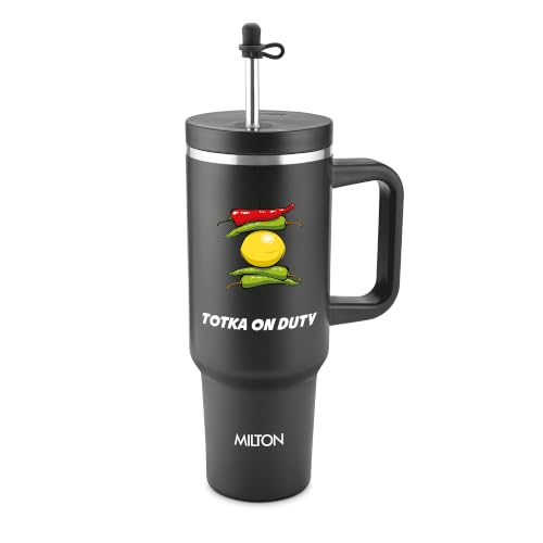 Image of MILTON My Tumbler Studio 1200 Thermosteel Double Wall Vacuum Insulated SS Tumbler with Handle 1100ml, Leak Proof Travel Mug, Straw, Silicon Cap Cleaning Brush, Hot & Cold Beverage Flask, Black Totka