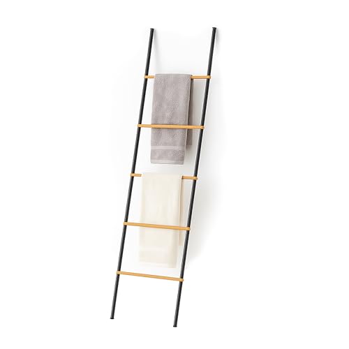 Relaxdays Escalera para Toallas, bambú y Hierro, HBT: 164 x 45 x 2 cm, 5 peldaños, Negro/Natural