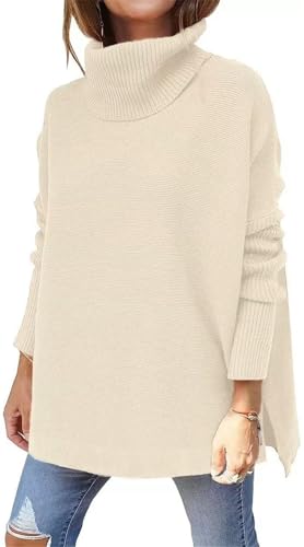 ASKSA Women's Turtleneck Oversized Sweaters Fall Long Batwing Sleeve Jumper Spilt Hem Tunic Pullover Sweater Knit Tops(Apricot,L)