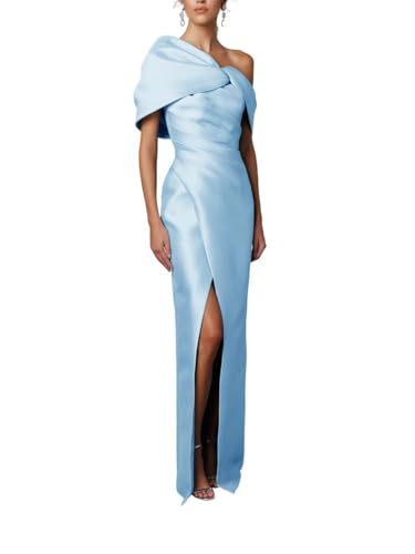 Satin Mother of The Bride Dresses for Wedding One Shoulder Long Mermaid Formal Prom Gowns with Bow