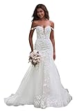 Lqdyrt Off Shoulder Mermaid Wedding Dress Elegant Lace Applique Sweetheart Tulle Ivory Bridal Gowns with Train US12