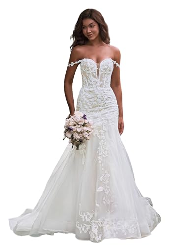 Lqdyrt Off Shoulder Mermaid Wedding Dress Elegant Lace Applique Sweetheart Tulle Ivory Bridal Gowns with Train US12