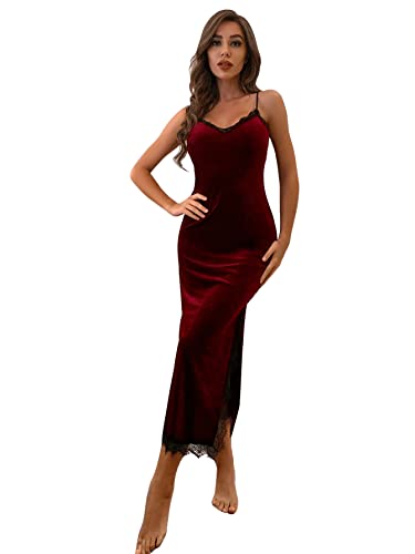 Sweatyrocks Women's Lingerie Velvet Nightgown Lace Slip Sleepwear Dress Solid Burgundy M #TOP10