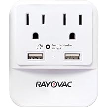Rayovac Surge Protector with Night Light, 2 Outlet Power Strip with 2 USB-A Ports Adapter for Home, School, or Office, White