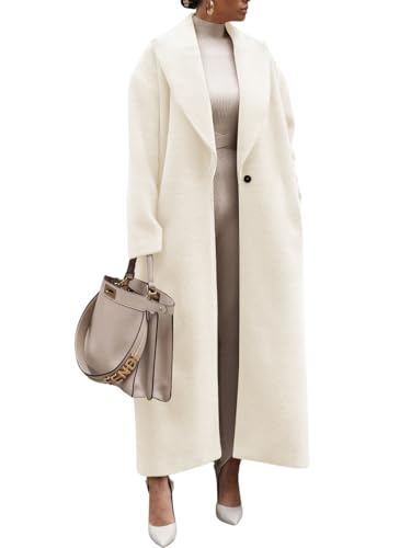 ebossy Women's Fashion Notched Lapel Single Breasted Open Front Maxi Long Trench Coat Woolen Overcoat (M, Beige)