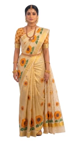 Image of Women's Mural Printed Kerala Gold Tissue Saree with Running Blouse Piece | Traditional South Indian Ethnic Saree for Festivals, Weddings & Special Occasions