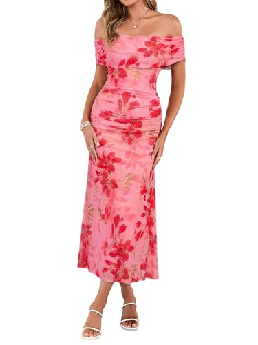 Simplee Womens Summer Wedding Guest Maxi Dress 2026 Spring Floral Off Shoulder Ruched Bodycon Formal Cocktail Dresses Pink Rose