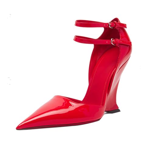 Goolita Pointed Closed Toe Wedge Heels for Women, Sexy Patent Leather Buckle Strap Office Dress Pumps Shoes