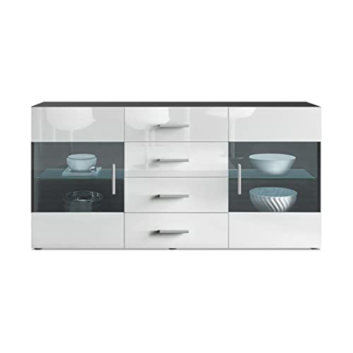 Vladon Buffet Dressoir Bari, Corps en Noir Mat/Façades en Blanc Haute Brillance