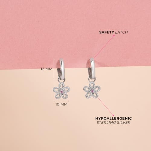 925 Sterling Silver Pink & Clear Cubic Zirconia Encrusted Flower Dangle Hoop Earrings for Young Girls 12mm - Formal Floral Hoop Earrings For Girls - CZ Dangle Hoops For Little Girls4