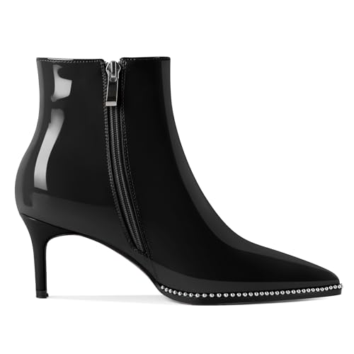 Ankle Boots Low Heel Boots Women Pointey Toe Stiletto Heel Booties 2.5" Side Zipper Short Beaded Boots Shoes Patent Leather Black US Size 84
