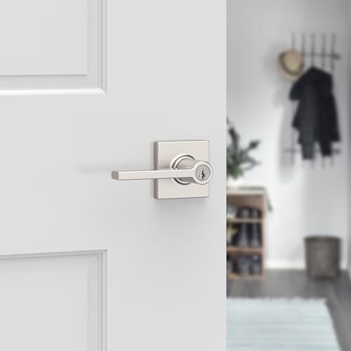Image of Kwikset Casey Entry Door Handle with Lock and Key, Secure Keyed Reversible Lever Exterior, for Front Entrance and Bedrooms, Satin Nickel, 4 Pack, Pick Resistant SmartKey Rekey Security and Microban
