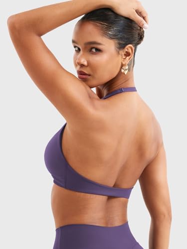 Image of YEOREO Halter Sports Bras for Women Low Impact Removable Padded Adjustable Deep V Bra Seamless Workout Gym Crop Tops