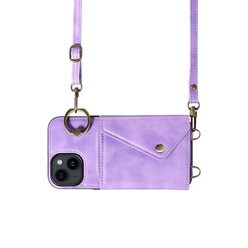 Coque en cuir iPhone 14 de qualité supérieure avec anneau support mince pourpre