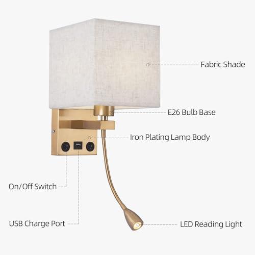 Image of Wall Sconces, Hardwired Wall Lamp with USB Port White Fabric Shade Bedside Wall Lights with Reading Lamp for Bedroom Living Room Hotels and Office (Gold)