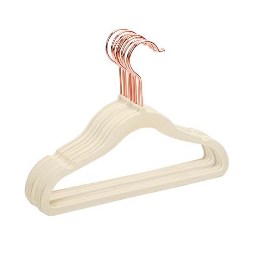 Image of MIZGI Premium Kids Velvet Hangers (Pack of 50) with Copper/Rose Gold Hooks,Space Saving Ultra Thin,Non Slip Baby Hangers for Children's Skirt Dress Pants,Clothes Hangers(Ivory)