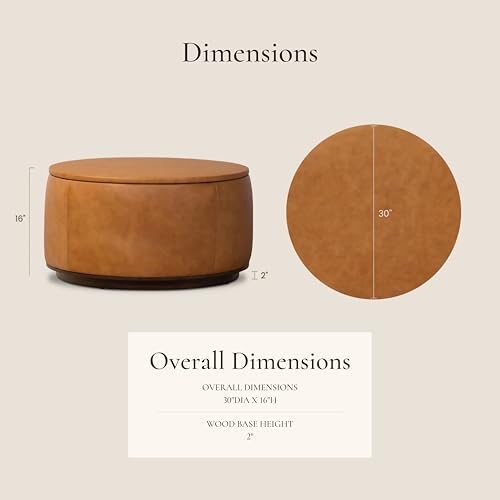 Image of Poly & BARK Herve Storage Ottoman - Round Italian Full-Grain Leather Ottoman with Hidden Storage - Solid Wood Base in Walnut Finish - Cognac Tan
