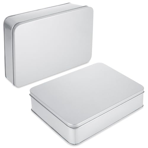 YOUNTHYE 2PCS Tin Box with Lids Large Metal Tin Box 8.6 x 6.3 x 2.6 inch Silver Rectangular Tin Box Container Large Metal Tin Storage Box with Lid for Crafts, Cookies, Pills, Gifts, Pencils and More