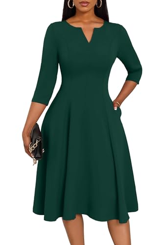 Image of Nmoder Midi Dresses for Women A-Line Fit and Flare Dress 3 /4 Sleeve V Neck Cocktail Wedding Guest Work Dress with Pockets