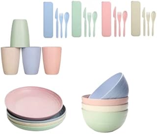 Eco Sense dinner sets, Picnic set for 4 people, plastic plates and cutlery set (28 pc) light weight plate set, perfect to use in camping, garden, Microwave and dishwasher safe, multicolor