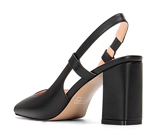 NobleOnly Womens Slingback Chunky Heels Pumps Comfortable Leather Square-Toe Block Mid-Heels Office Classic Shoes 7.5 CM Heel4