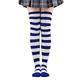LUZTACT Long Striped Socks Over Knee Thigh High Stockings for Women Girls Cosplay Costumes Party Supplies (Wide stripes, White and Dark blue)
