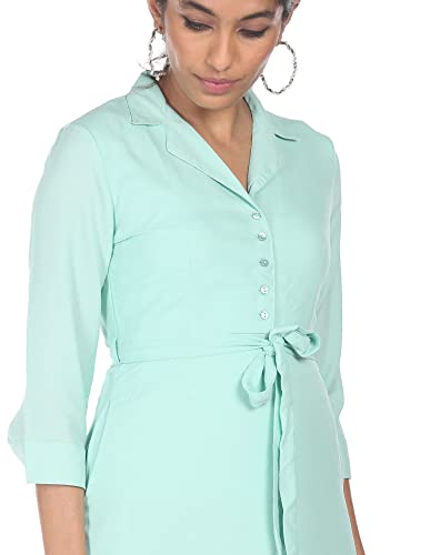 Image of SHFFL Polyester Women Turquoise Notch Lapel Collar Solid Shirt Dress Below The Knee Dresses