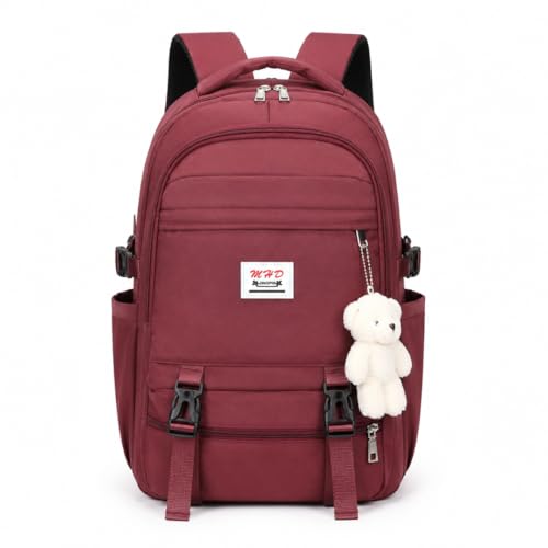 Mochila Escolar Impermeável, Grande Capacidade, com Chaveiro Pompom, Azul, Rosa e Vinho, 45x30x16 cm (Vinho)