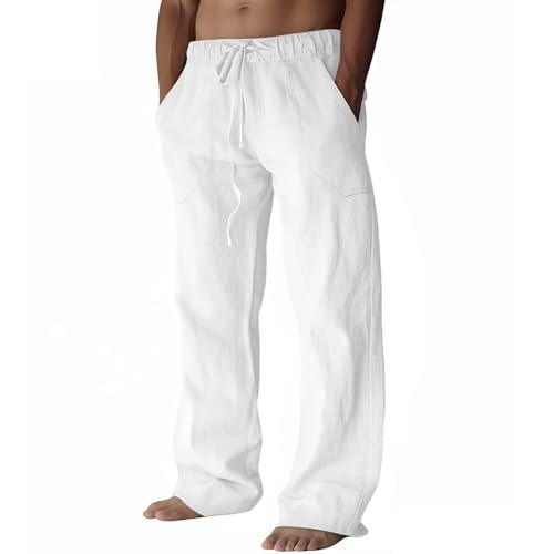 ZARLAN Breathable Mens Cotton Linen Pants Casual Lightweight Summer Beach Elastic Drawstring Waist Trousers White L