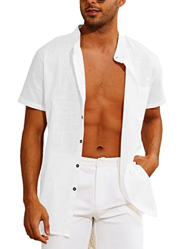 CheChury Camisa de Lino Manga Corta para Hombre Camisas Informales de Verano Camisa Suelta de Ocio de Color Sólido con Botónes Top con Bolsillo Top Camisa de Verano Camisa Hawaiana Estilo Casual