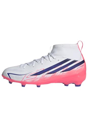 Botas de fútbol adidas F50 infantiles blancas y moradas para césped natural firme en talla 35