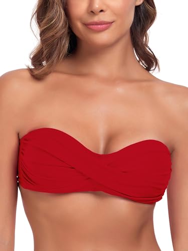 Ocean Blues Women's Red Strapless Swimsuits for Women Bandeau Bikini Top Tie Back Halter Bathing Suit Top Suit Top Size Medium