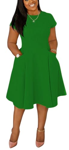 Image of Summer Dresses for Women Semi-Formal Fit Casual Slim Short Sleeve O-Neck Elegant Swing A Line Midi Dresses with Pockets