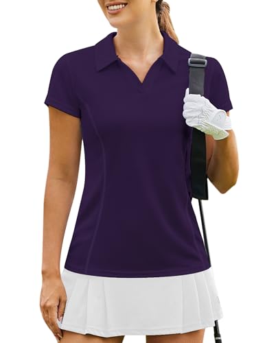 Image of PINSPARK Womens Golf Shirt Short Sleeve Polo V-Neck Quick Dry Tennis Tops | Moisture-wicking Breathable Fabric, Classic Collar, Slim Fit, Ideal for Golf Tennis Pickleball Casual