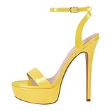 onlymakerheels Platform Stiletto High Heels for Women, Peep Round Open Toe Ankle Strap Sexy Heeled Sandals for Wedding Party Dress Yellow H Size8