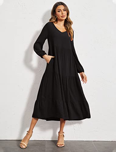 Image of Halife Women's Summer Casual Maxi Dresses Flowy Ruffle Boho Long Dresses with Pockets