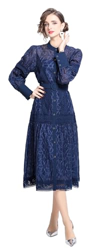 Image of LAI MENG FIVE CATS Women's Round Neck Lantern Sleeves Embroidery Button Layered Lace Hem Midi Dress with Belt