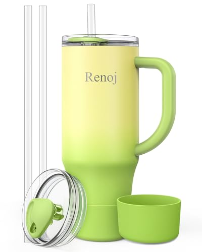 Image of Renoj Insulated Mug 100% Spill Resistant Insulated Water Bottle for Iced Coffee & Hot Drinks - Fits Car Cup Holder, Ideal Gift, 2 Straws & Silicone Boot - FlexSlide Green Gradient 32 oz
