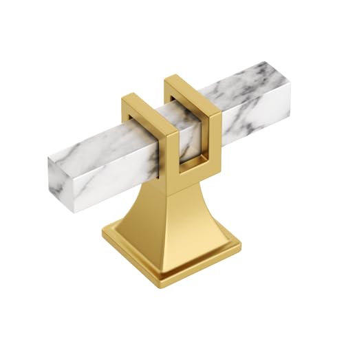 homdiy 10 Pack Gold Cabinet Knobs, White Marble Grain Kitchen Cabinet Pulls Brass T Bar Knobs, Square Dresser Drawer Pulls